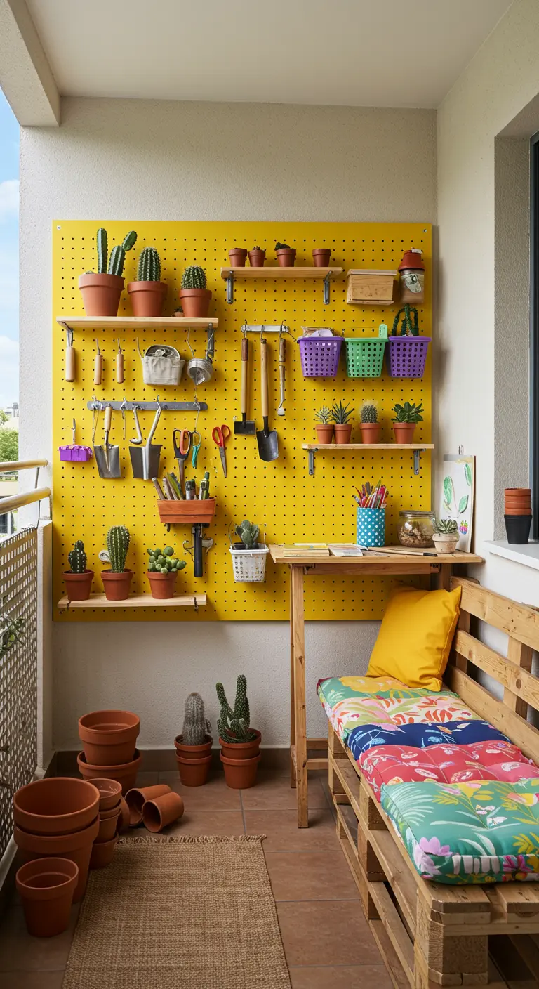 Gele pegboard balkonmuur met tuingereedschap, planten en een palletbank.