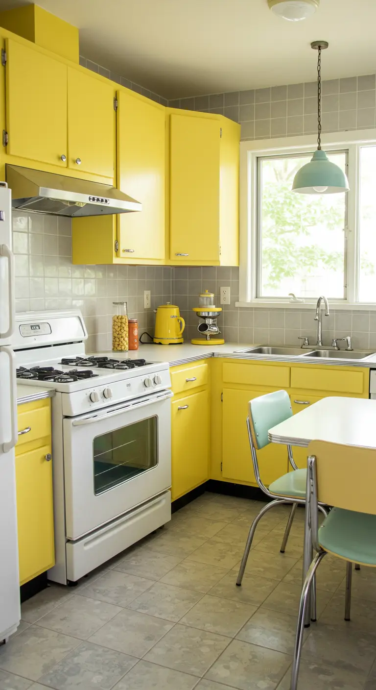 Retro keuken met gele kasten en grijze vierkante tegels.
