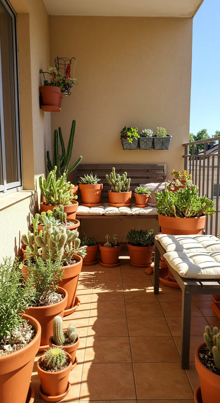 Zonnig balkon vol met diverse cactussen en vetplanten in terracotta potten op en rond een bankje.