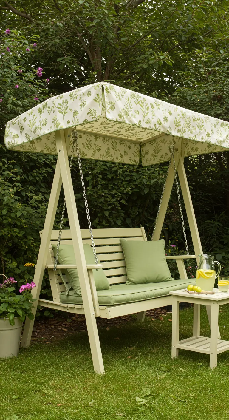 Houten schommelbank met een crèmekleurige luifel met groen botanisch patroon en groene kussens.