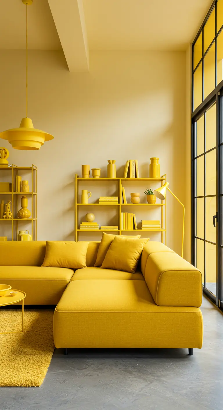 Moderne, lichte woonkamer met gele bank, gele stellingkasten en gele accessoires.