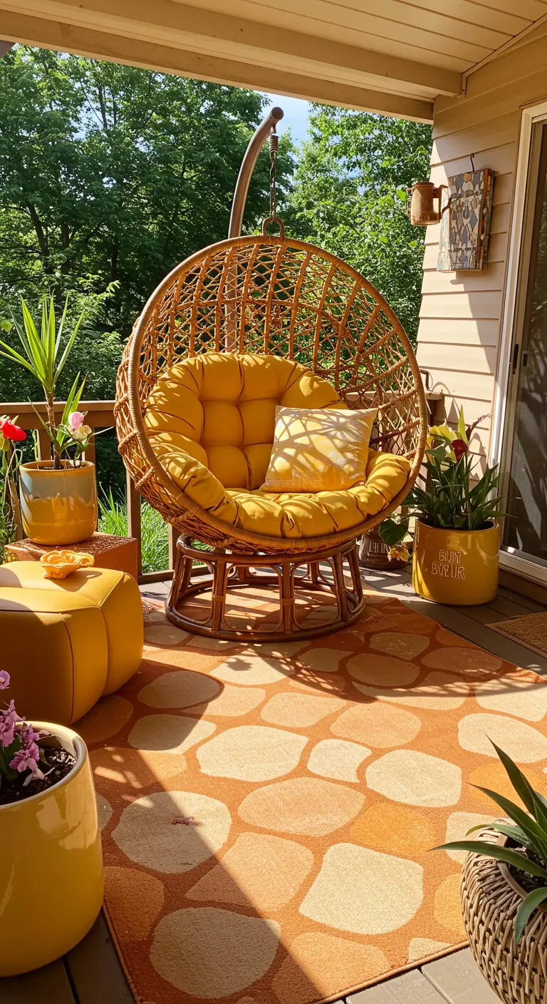 Rotan eivormige hangstoel met zonnig gele kussens en accessoires op een houten terras.