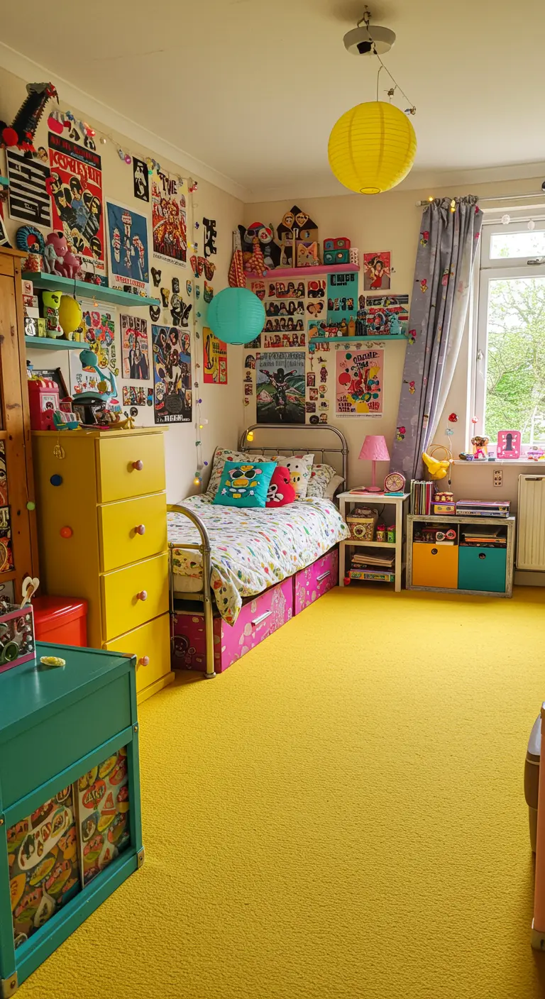 Kleurrijke kinderkamer met een felgeel tapijt en veel speelgoed.