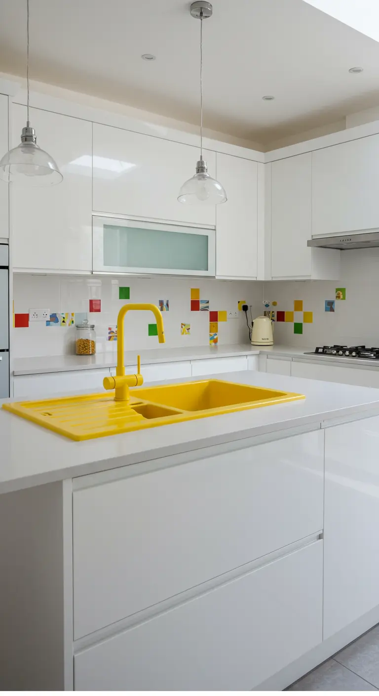 Witte moderne keuken met een opvallende knalgele spoelbak en kraan.