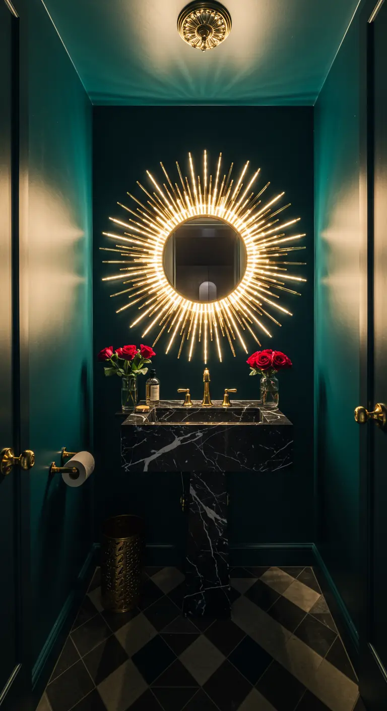 Donkergroene toiletruimte met een opvallende sunburst spiegel met verlichting.