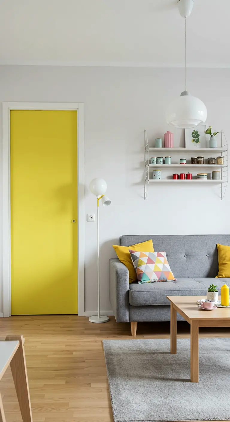 Felgele binnendeur als kleuraccent in een lichte, Scandinavische woonkamer.