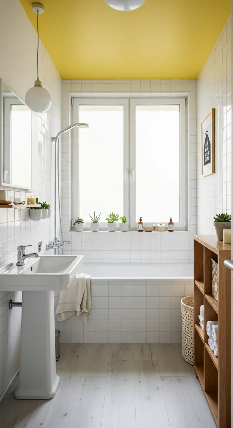 Kleine witte badkamer met heldergeel plafond en houten kast.
