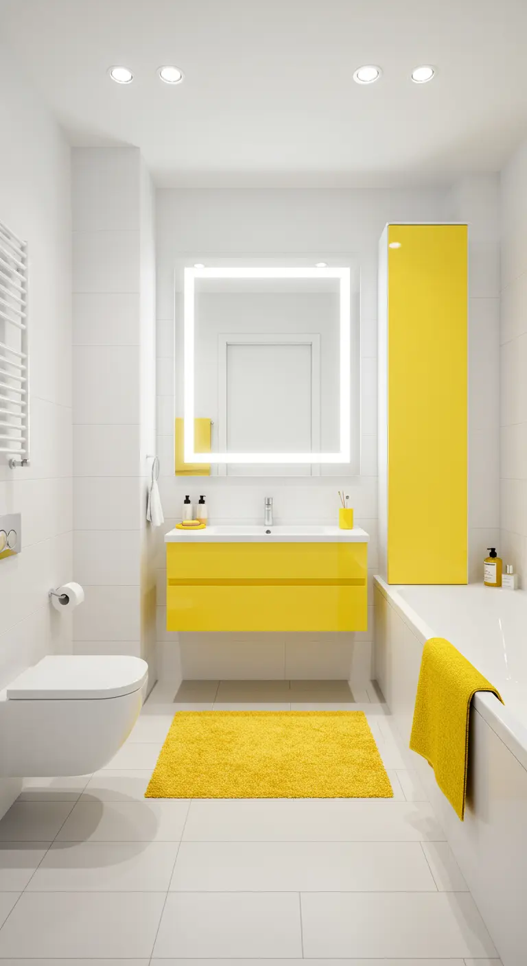 Witte badkamer met felgele meubels en accessoires als accent.