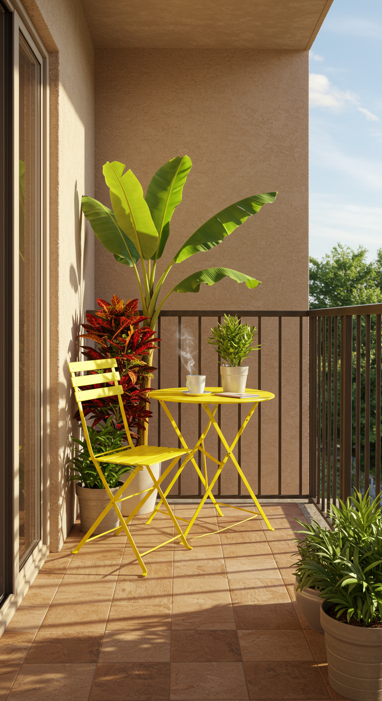 Zonnig balkon met een gele metalen bistroset, een bananenplant en een Croton plant.