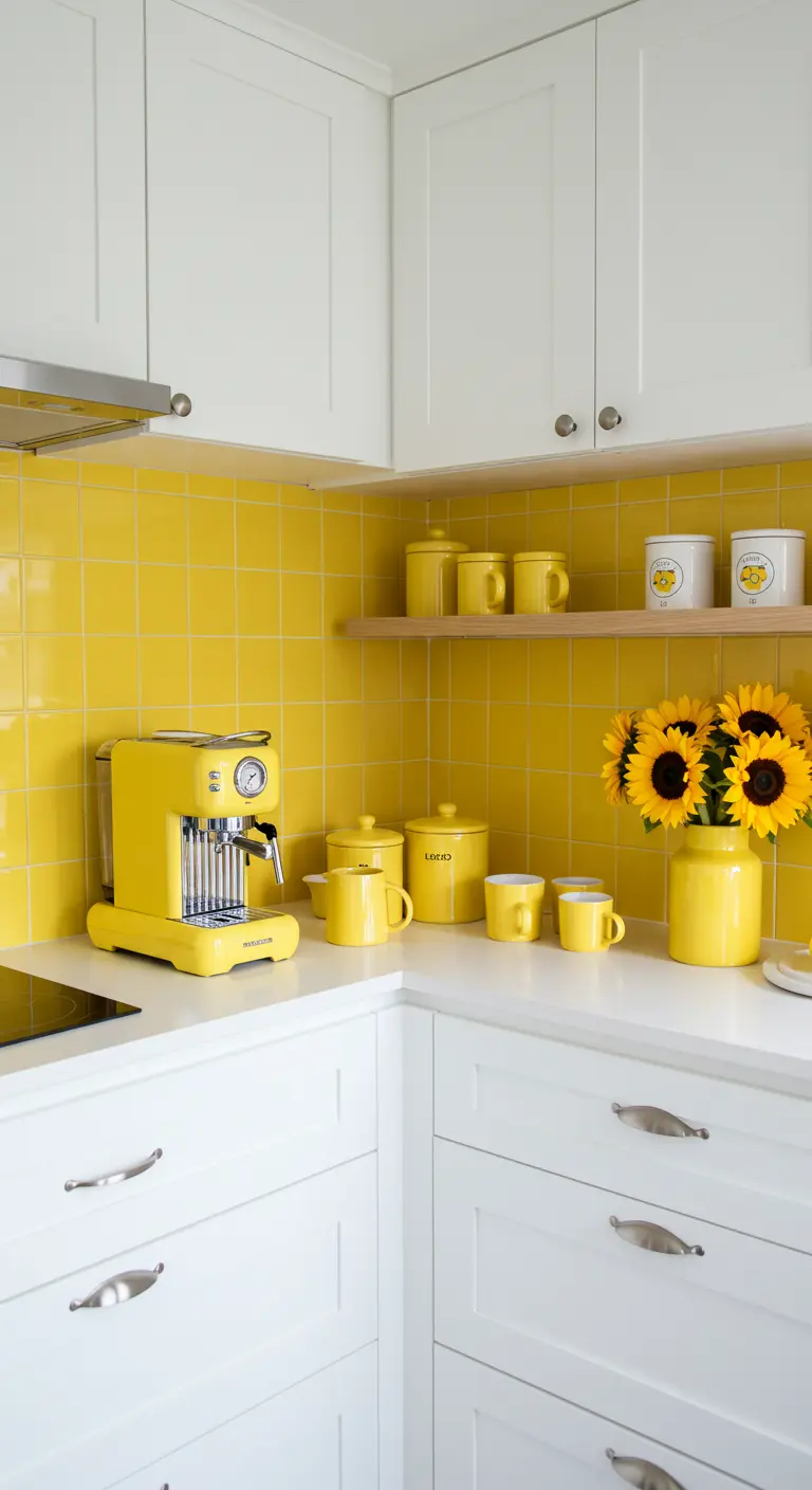Vrolijke gele koffiecorner met gele tegels, gele espressomachine en zonnebloemen.