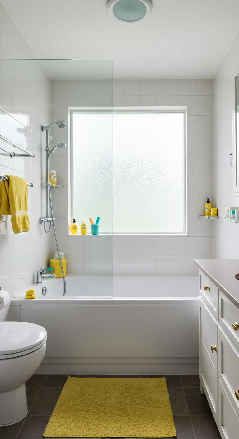 Witte badkamer met matglazen raam, gele badmat en handdoeken.