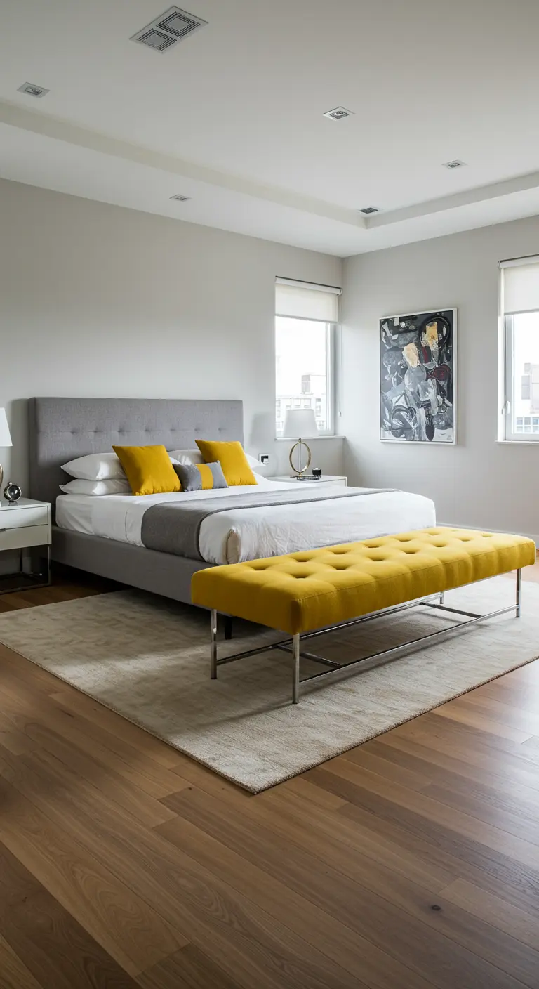 Moderne slaapkamer met grijs bed en een lang, felgeel gestoffeerd bankje aan voeteneind.