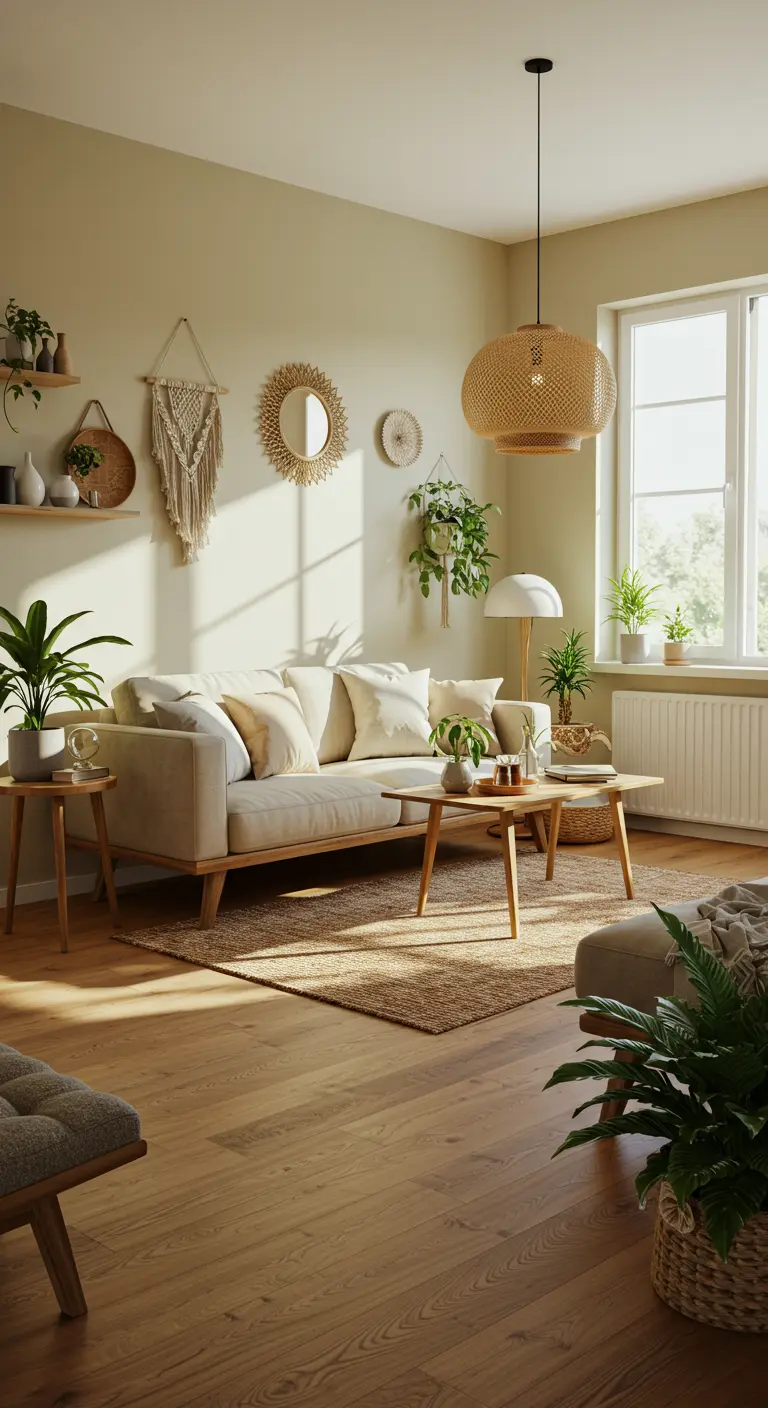 Lichte woonkamer in naturel bohemian stijl met veel planten, macramé en rotan.