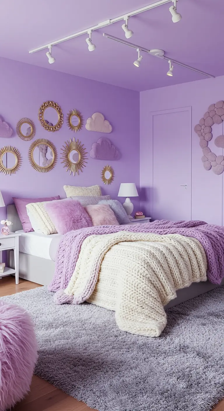 Lavendelkleurige slaapkamer met gouden zonneflits spiegels, 3D wolken, en dikke gebreide deken.