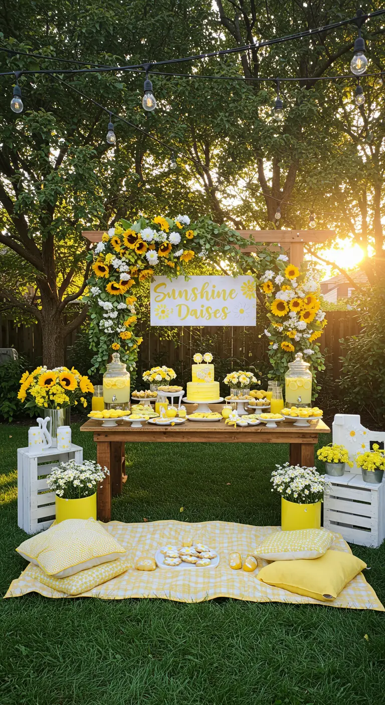 Gender reveal sweet table met zonnebloemen, gele decoraties en picknickkleed in tuin.