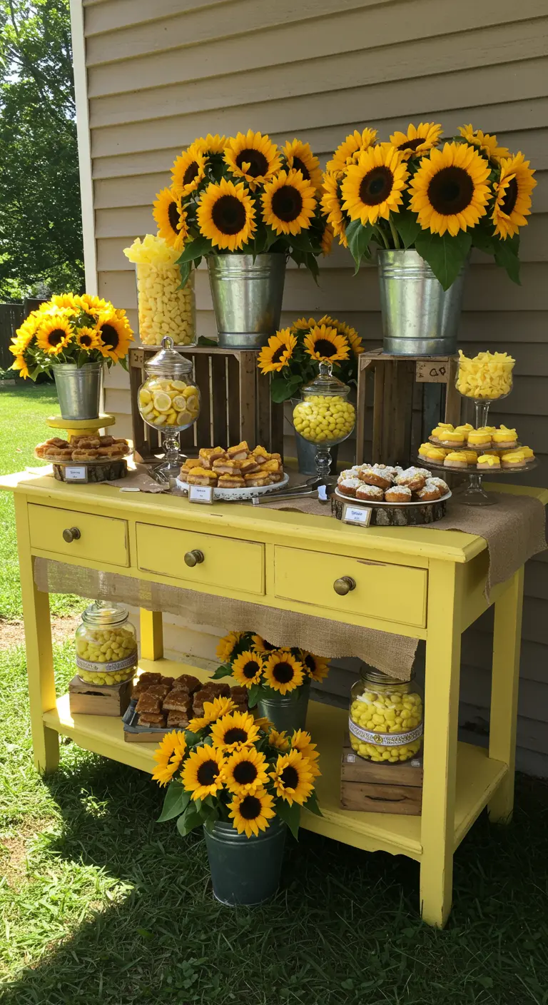 Zonnebloem desserttafel buiten met gele ladekast, zonnebloemen en gele snoepjes.