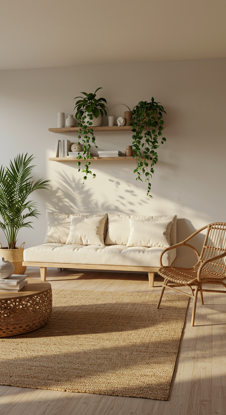 Lichte woonkamer met crème bank, rotan stoel en hangplanten op planken.