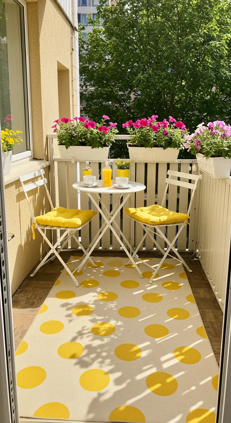 Vrolijk balkon met crèmekleurig buitenkleed met gele stippen.