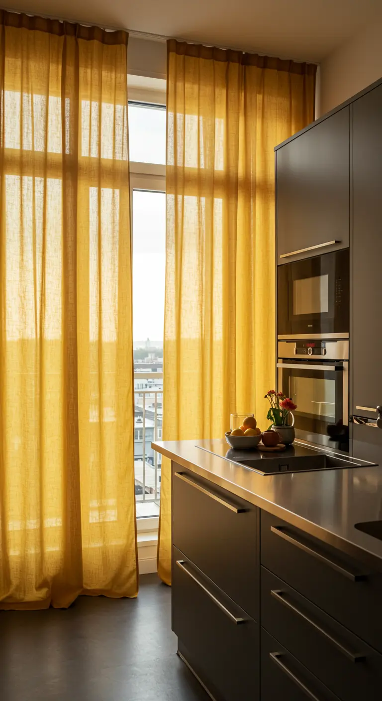 Moderne keuken met donkere kasten en lange, okergele linnen gordijnen voor het raam.