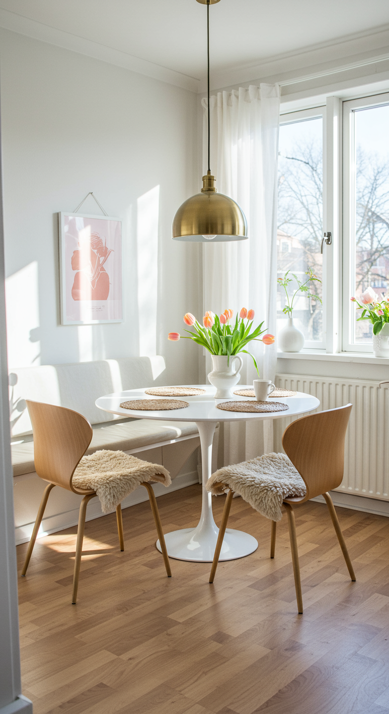 Lichte eethoek met witte ronde eettafel, houten stoelen en bankje bij het raam.