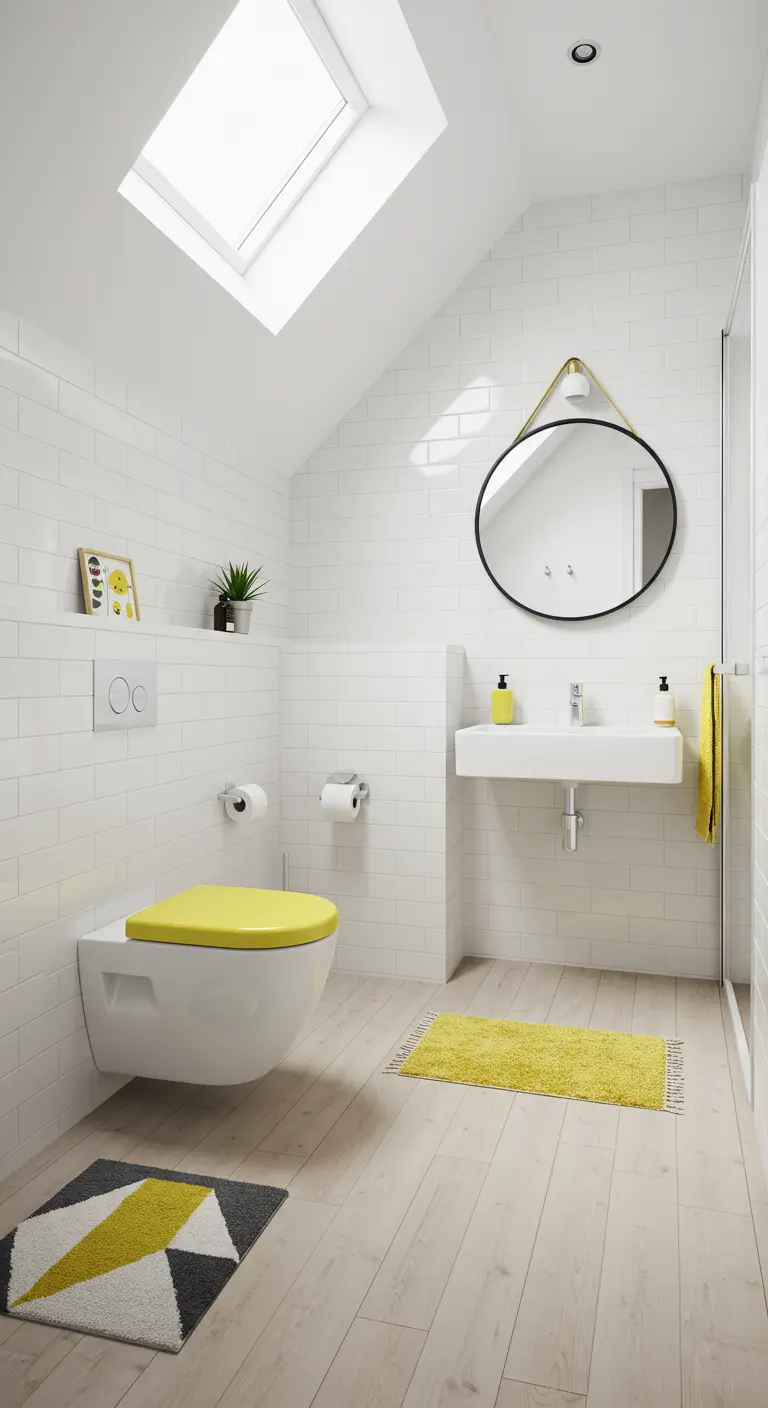 Lichte zolderbadkamer met wit hangtoilet en felgele toiletbril.