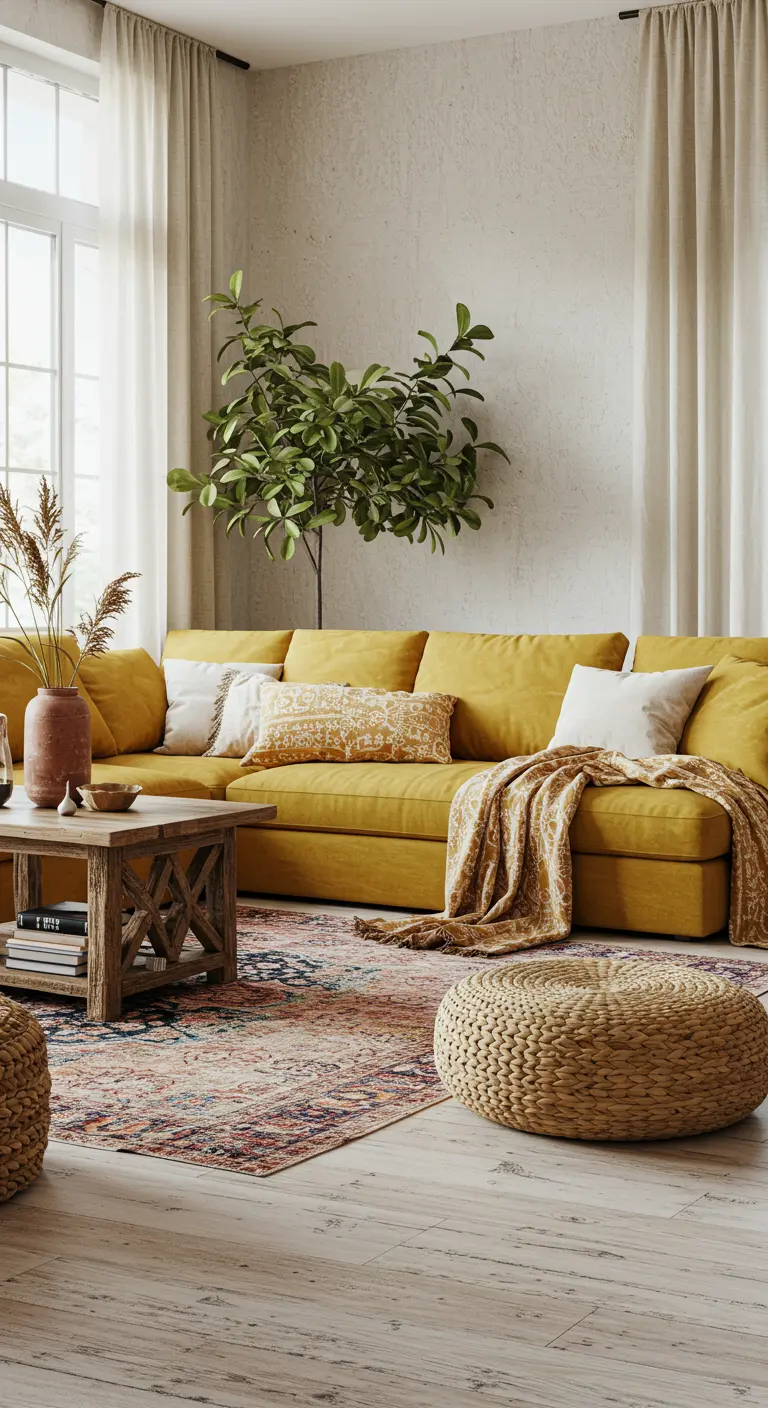 Gele bank in boho woonkamer met geweven vloerkleed en houten meubels.