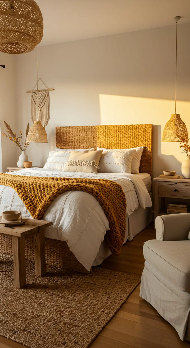 Boho slaapkamer met geel gebreide deken, rotan hoofdbord en macramé.