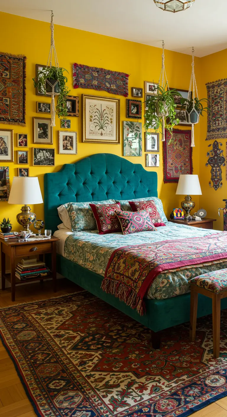 Gele slaapkamer met turquoise bed, galerie van ingelijste kunst en hangplanten.