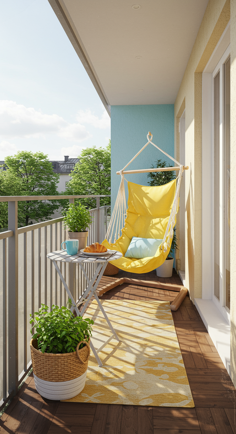 Gele stoffen hangstoel op balkon met geel kleed, planten en een klein tafeltje.