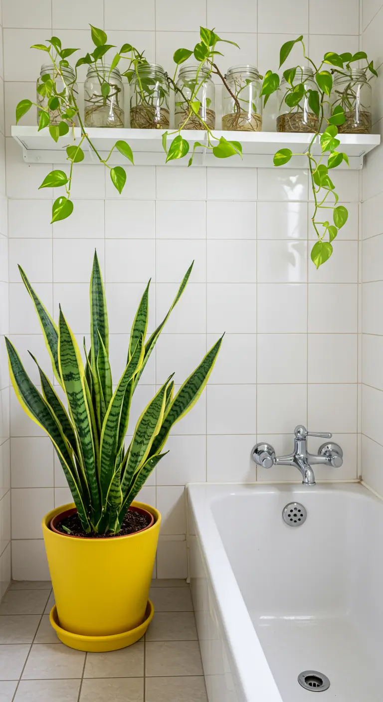 Sansevieria in gele pot naast bad; Scindapsus stekjes in glazen potjes op plank erboven.