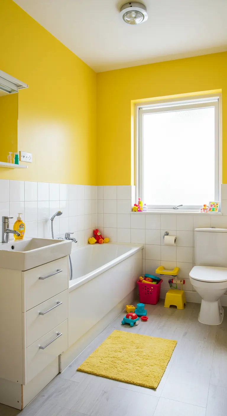Vrolijke badkamer met gele muren boven witte tegels en wit sanitair.