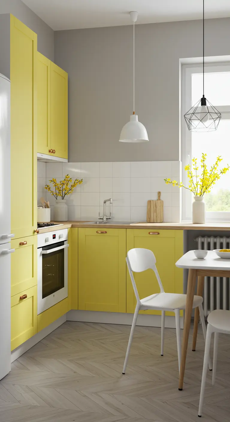 Keuken met zonnig gele kasten, witte tegels, grijze muur en lichte houten vloer.