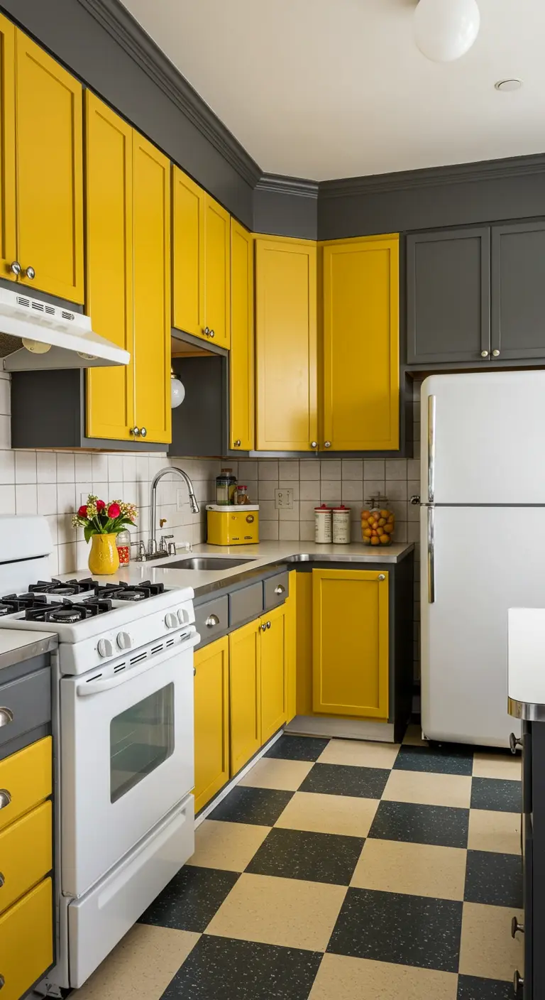Retro keuken met zonnig gele en grijze kasten en een geblokte vloer.