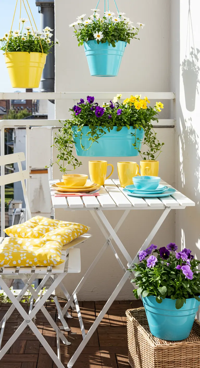 Balkon met gele en turquoise hangpotten, bijpassend servies en kussens op een witte tafel.