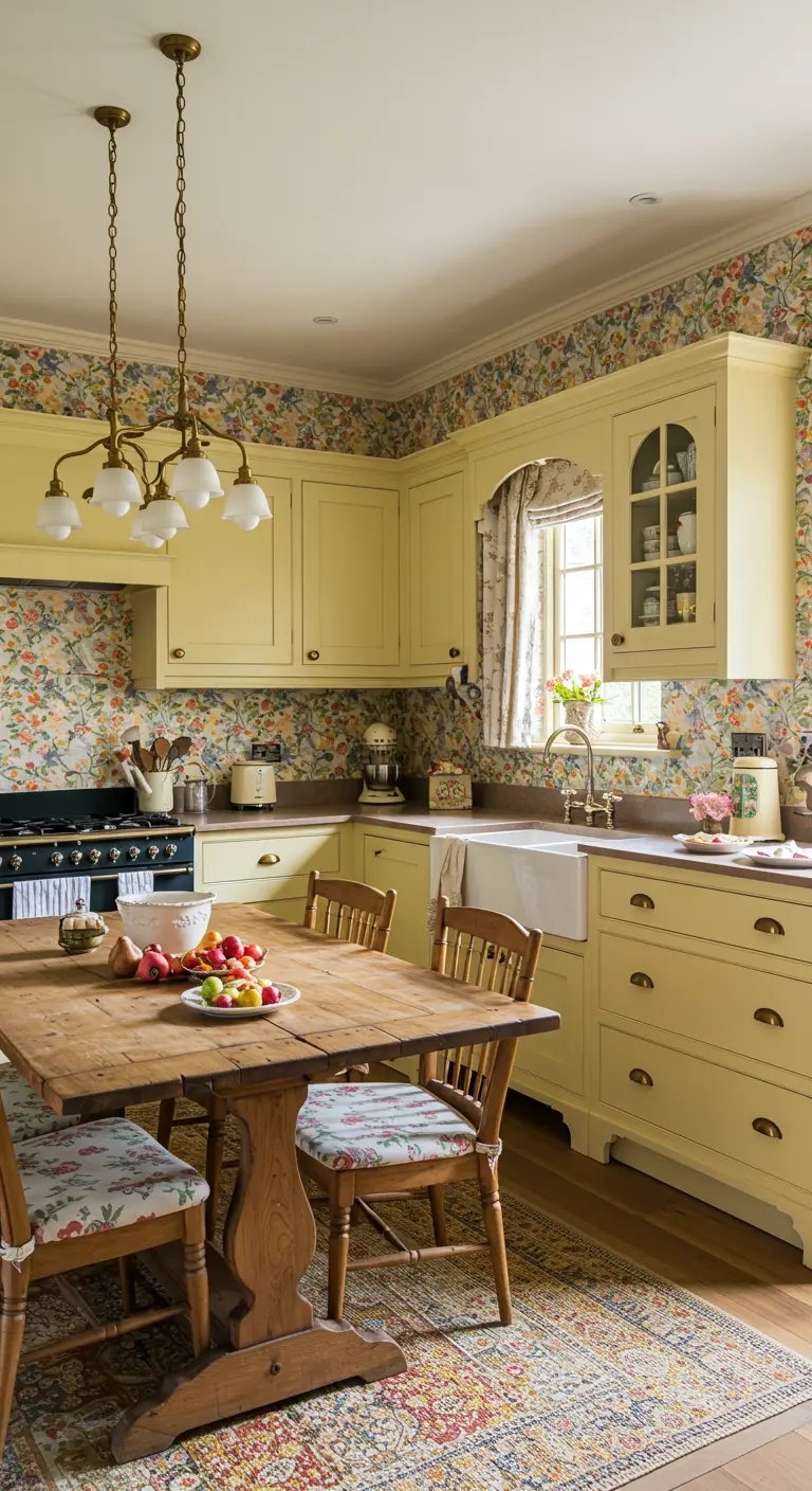 Zachtgele landelijke keuken met bloemenbehang, houten eettafel en messing lampen en kraan.