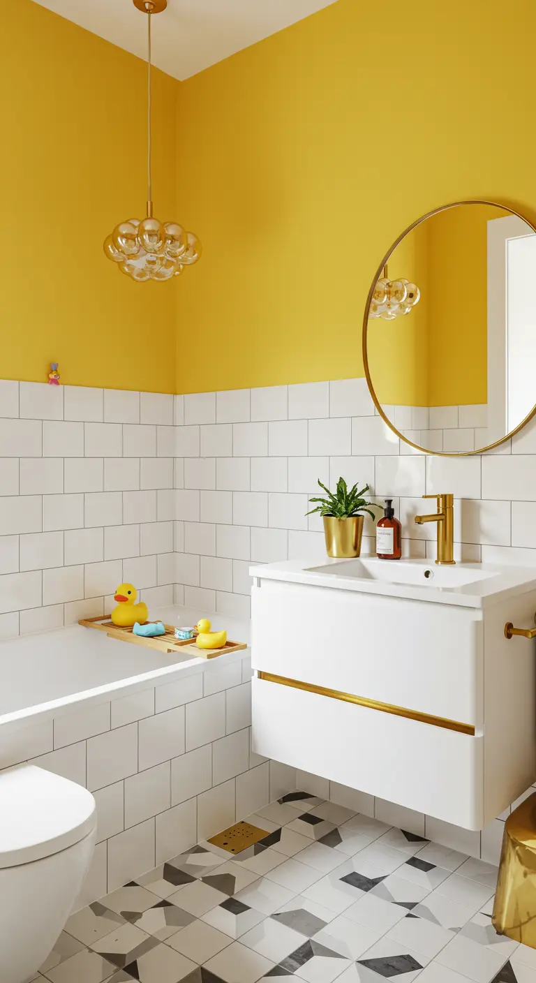 Badkamer met gele muur, witte tegels, gouden kranen, ronde spiegel en badkuip.