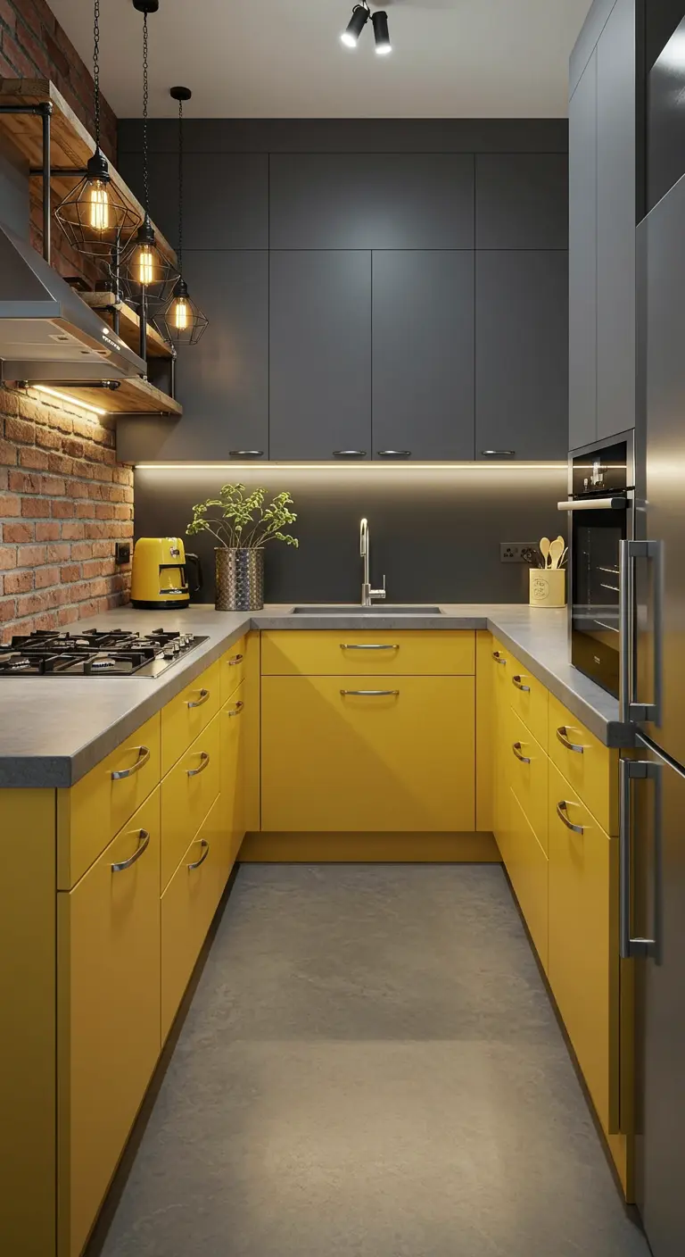 Moderne U-keuken met gele onderkasten, grijze bovenkasten, bakstenen muur en industriële lampen.