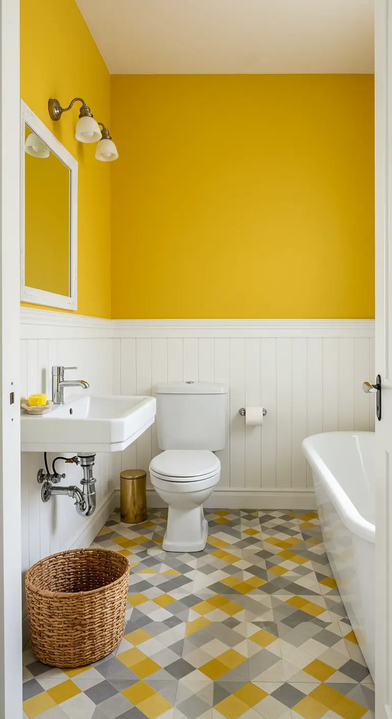 Vrolijke badkamer met gele muren, witte lambrisering en geometrische tegelvloer.