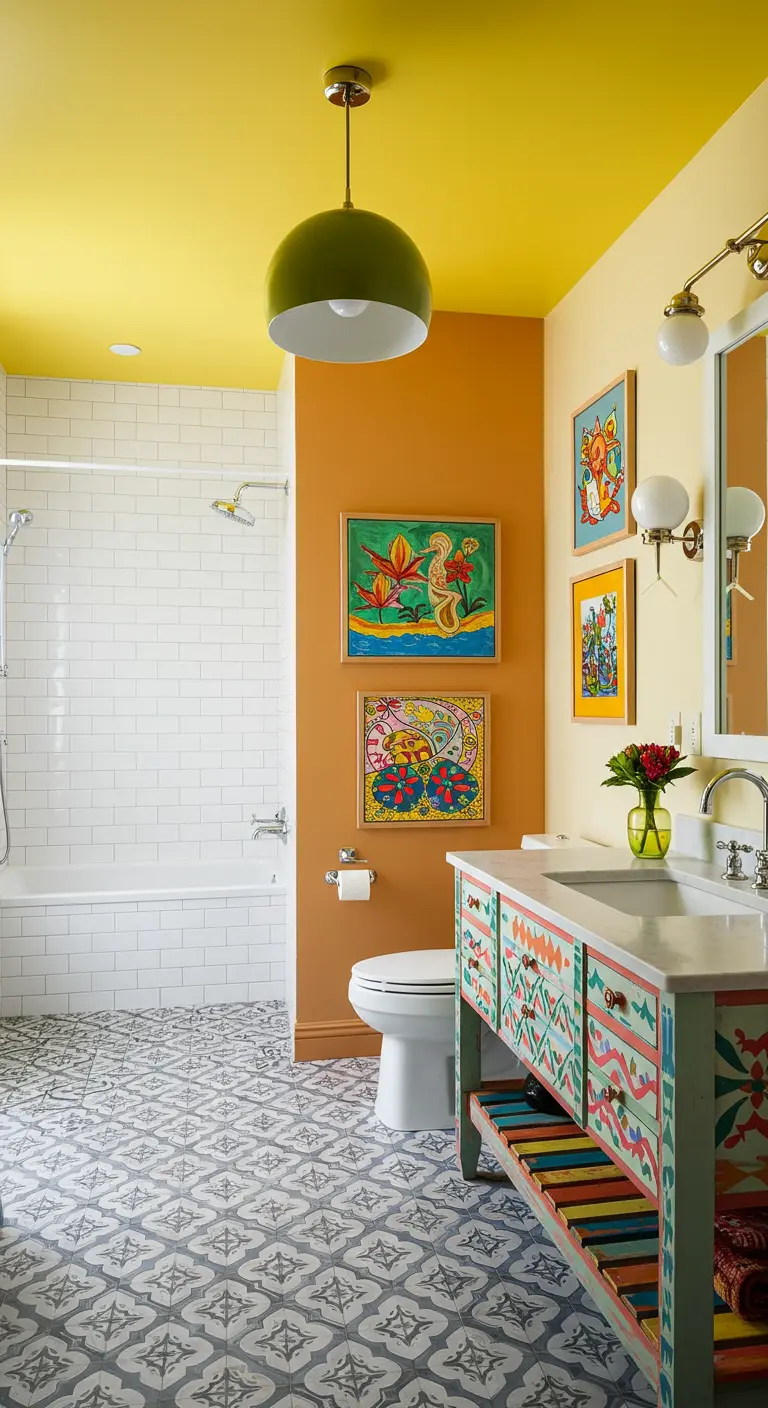 Kleurrijke badkamer met geel plafond en oranje muren en patroontegels.
