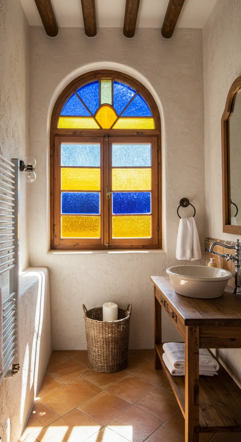 Rustieke badkamer met een geel en blauw glas-in-lood raam, terracotta vloer en houten meubel.