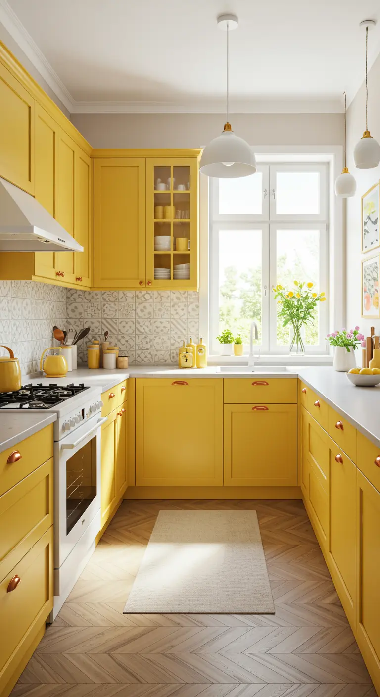 Matgele keuken met patroontegels en een lichte houten vloer.
