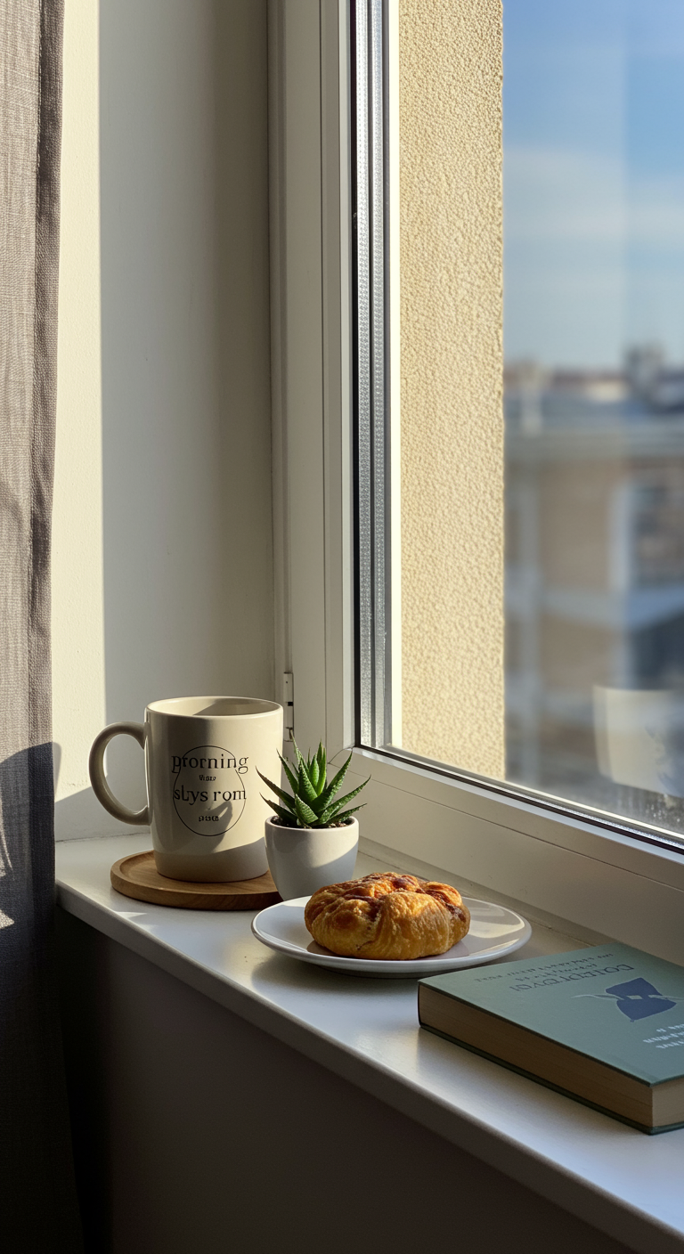 Zonnige vensterbank met een kop koffie, een gebakje, een boek en een plantje.