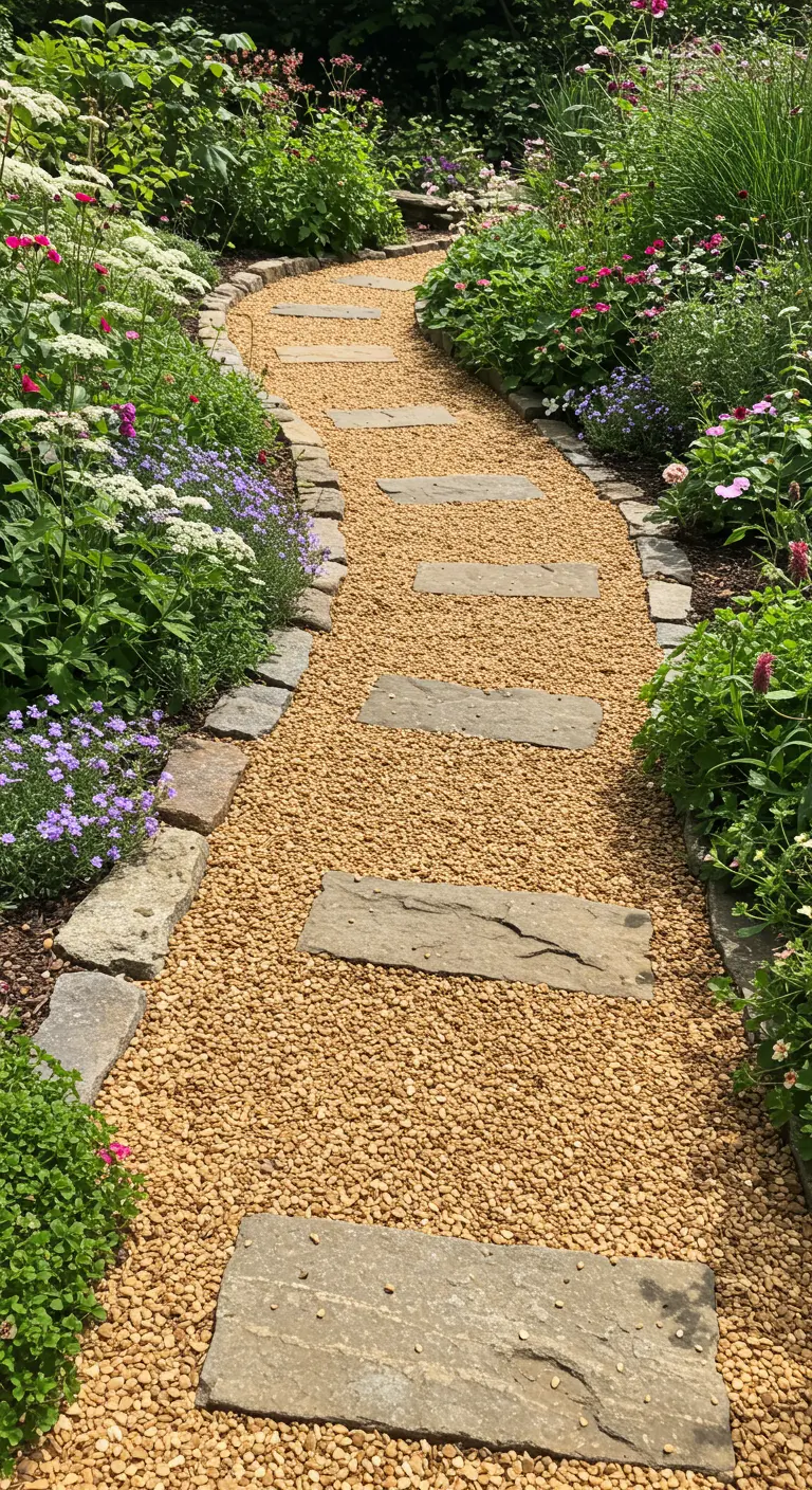 Lichtgeel grindpad met enkele rechthoekige stapstenen, omzoomd door kleurrijke bloemen.