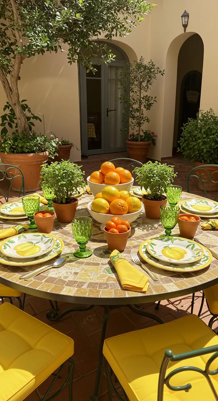 Mediterrane brunchtafel met citrusvruchten, geel servies en groene glazen.