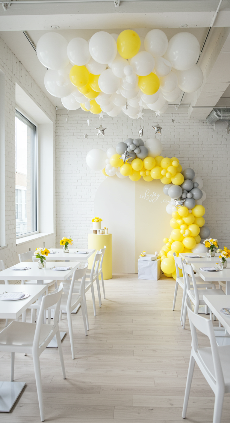 Gele, witte en grijze ballonnen als plafonddecoratie en boog voor een babyborrel.