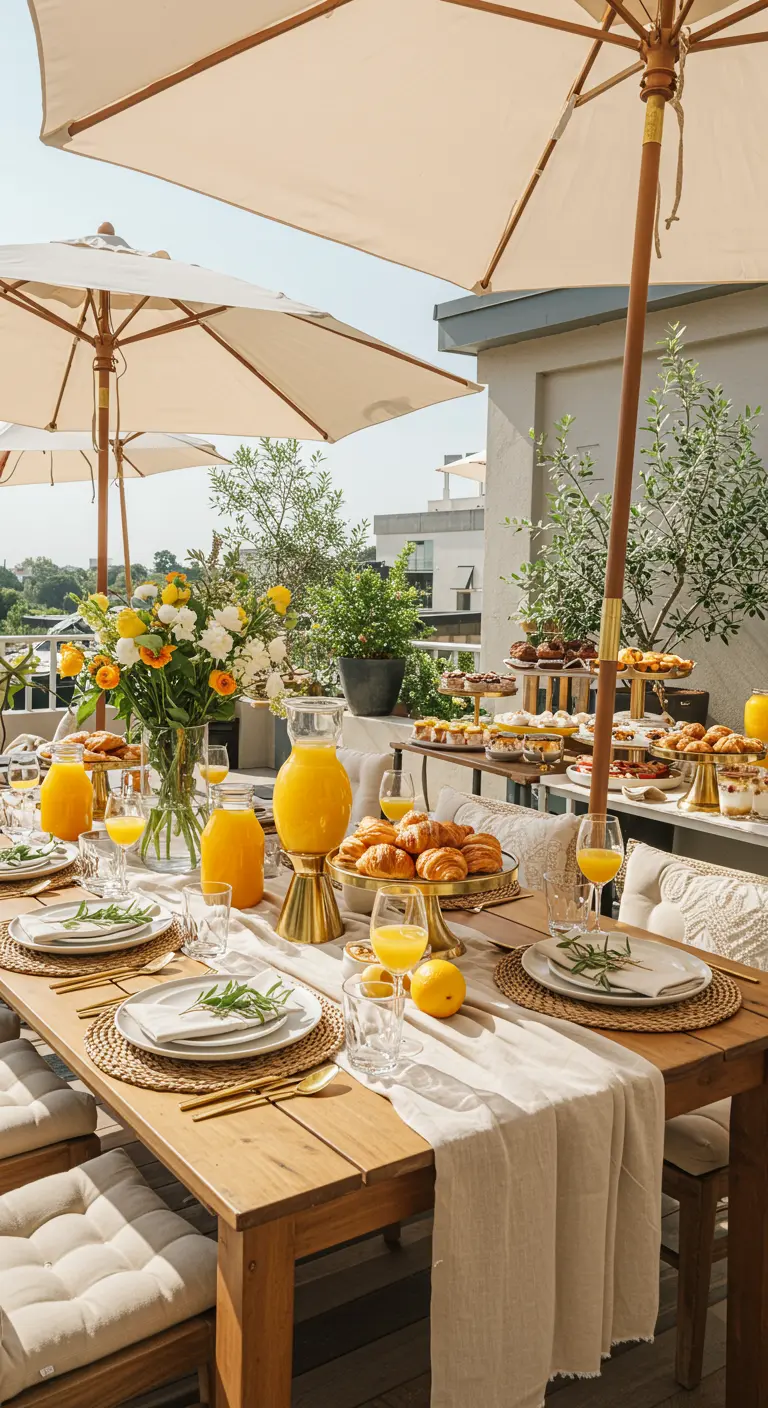 Zonnige brunch op een terras met parasols, houten tafel, croissants en verse jus.