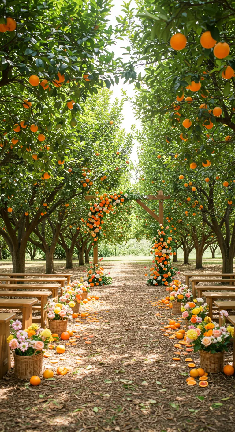 Trouwceremonie in sinaasappelboomgaard met boog versierd met sinaasappels en bloemen.