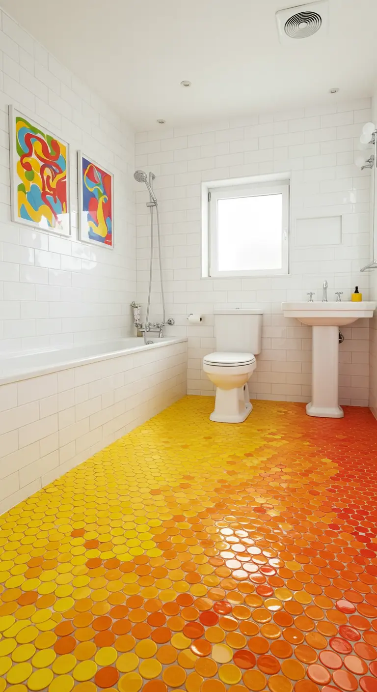 Badkamer met een vloer van ronde mozaïektegels in oranje en geel verloop.