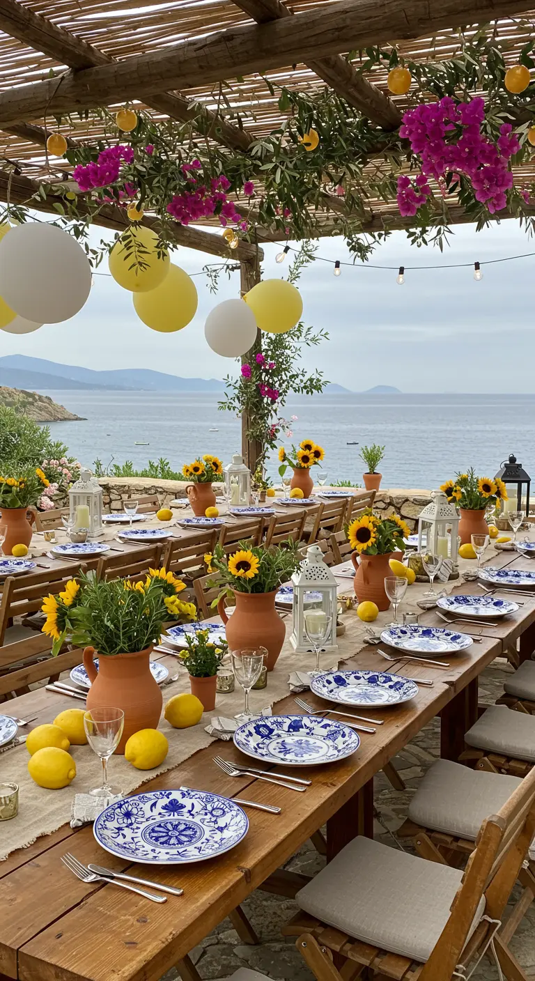 Mediterrane tafelsetting met gele ballonnen, zonnebloemen, citroenen en blauw-wit servies.