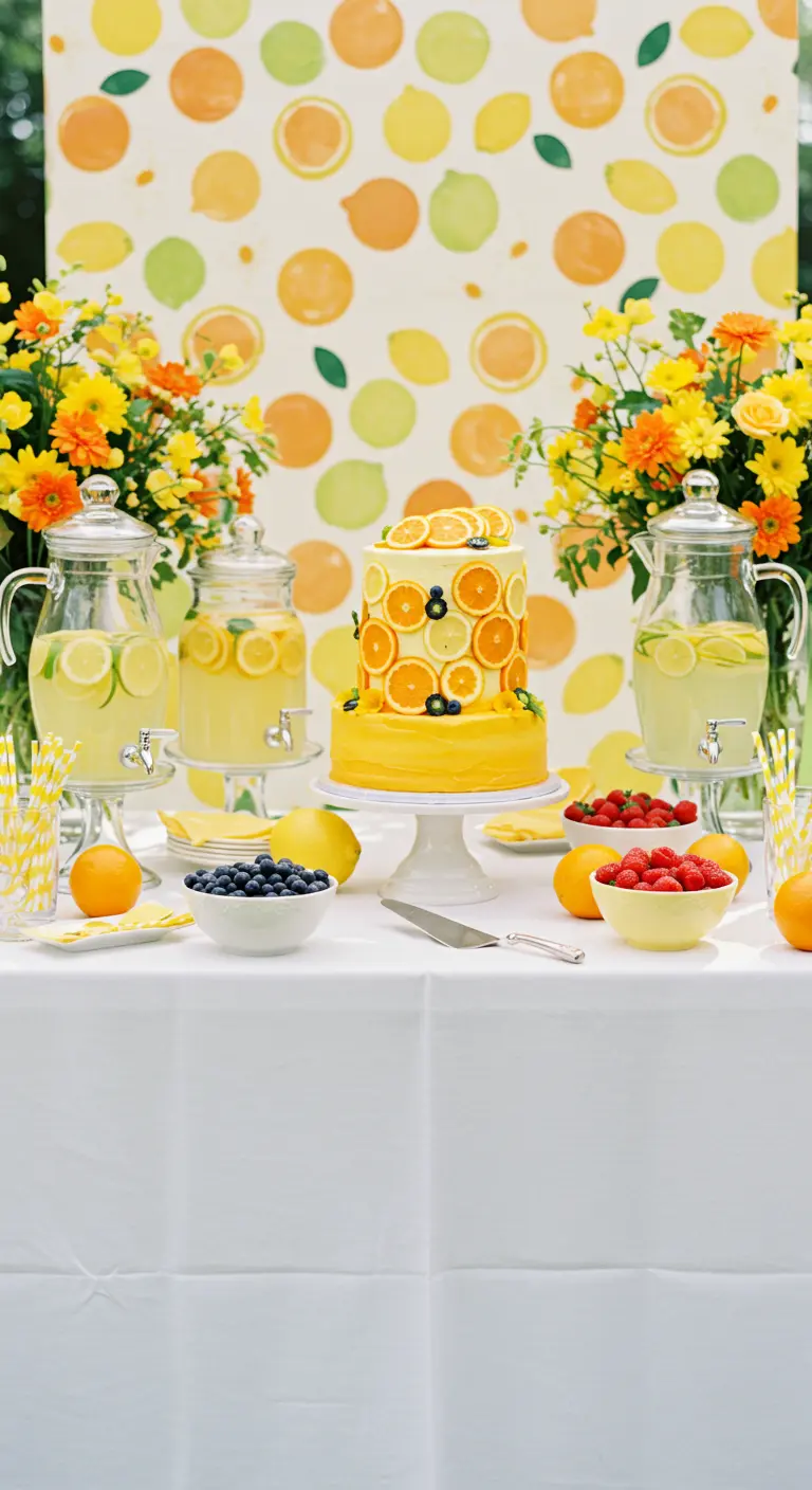 Zomerse taarttafel met citrusthema, limonadetaps, verse vruchten en een oranje taart.
